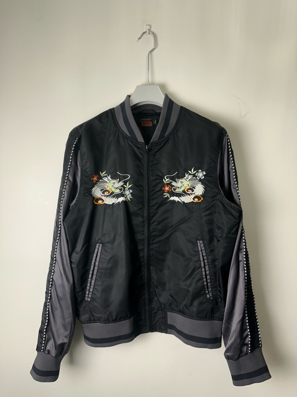 Evisu Black and Gray Embroidered Dragon Bomber Jacket
